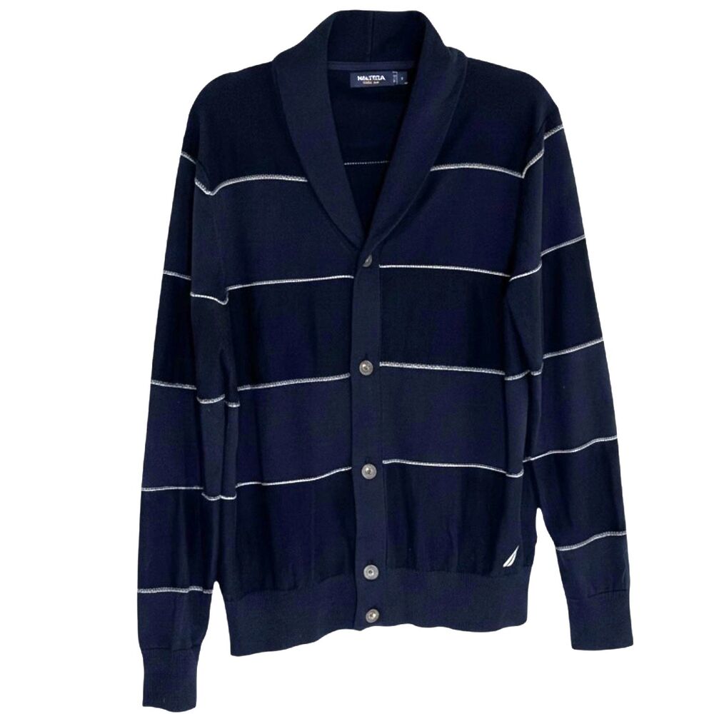 Nautica Mens Shawl Neck Cardigan Sweater Button Front Stripe Blue L